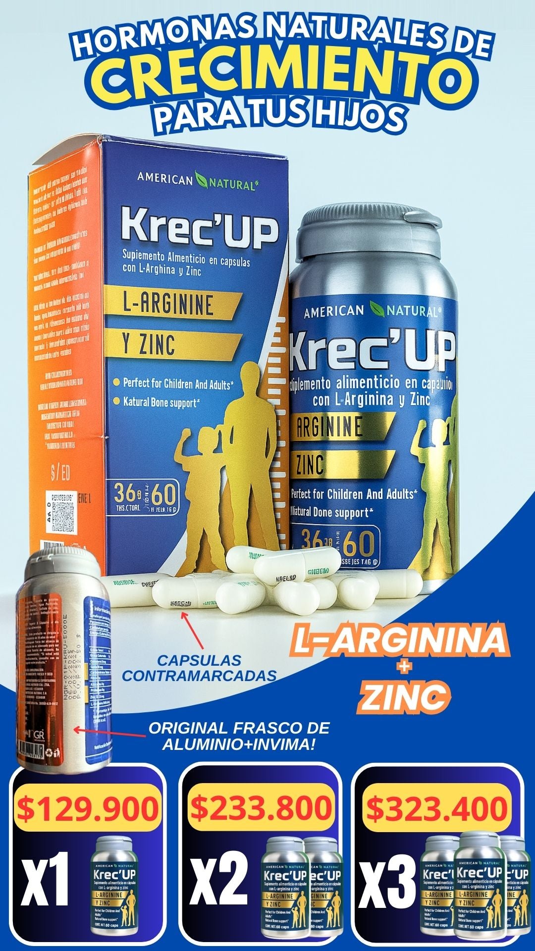 KREC´UP ORIGINAL - SUPLEMENTO HORMONAS DE CRECIMIENTO CON INVIMA X60 CAPSULAS + ENVÍO GRATIS!🎁