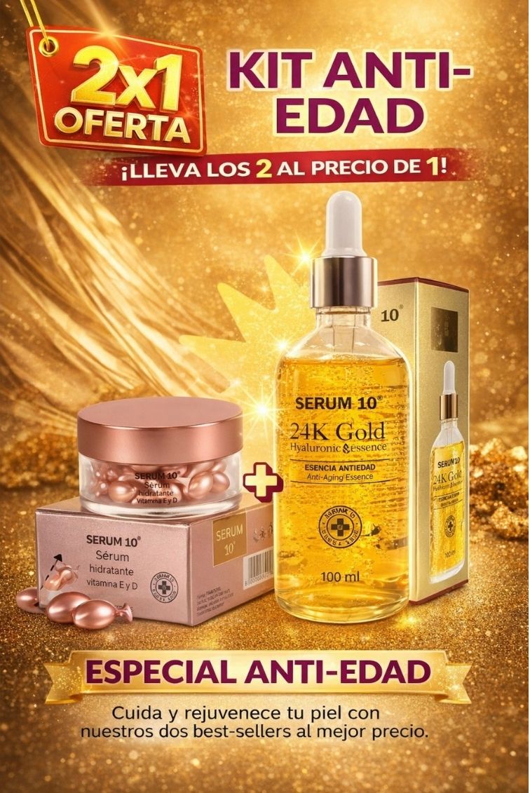 KIT 2X1 ANTIEDAD SERUM 10 + ESENCIA HIALURONICA 24K GOLD + AMPOLLAS HIDRATANTES CON VITAMINA E Y D + ENVÍO GRATIS Y PAGAS AL RECIBIR!🎁