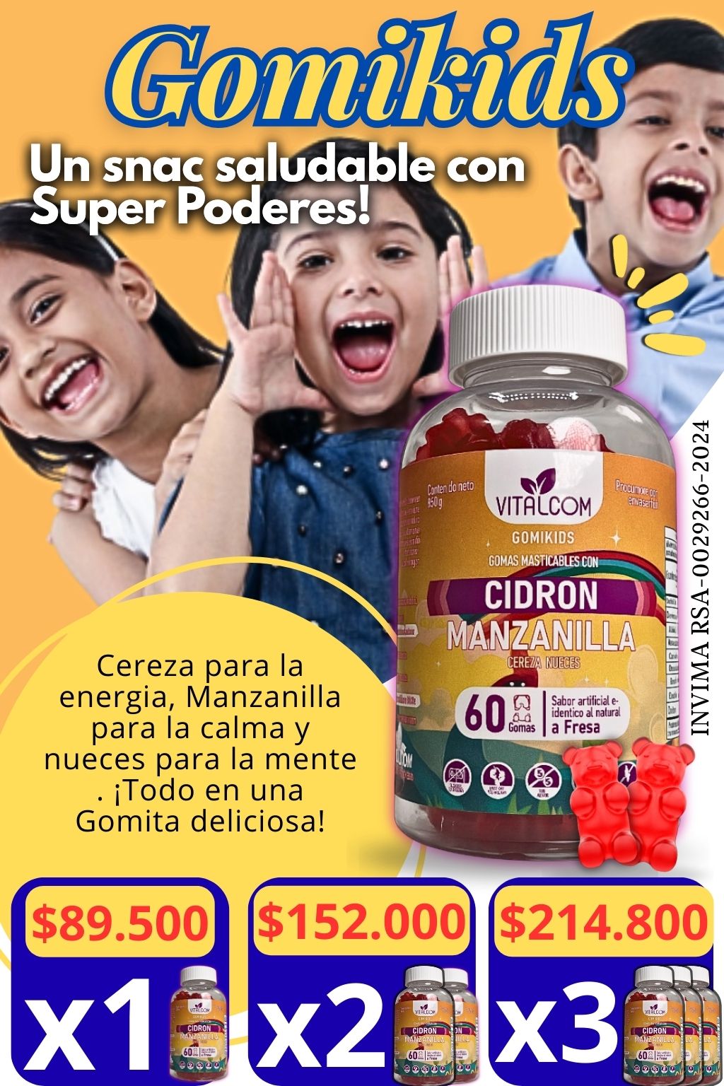 GOMIKIDS SIN AZUCAR X60 UNIDADES CON CIDRON DE MANZANA / NUTRICION CEREBRAL/ MEJORA EL DESCANSO Y APETITO +ENVIO GRATIS 🎁