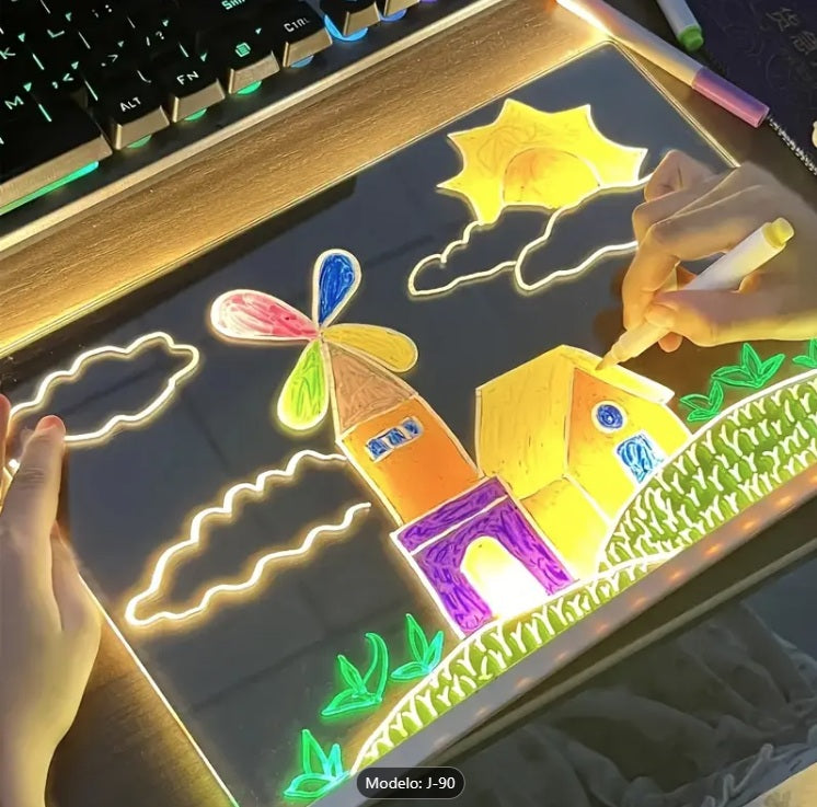 TABLERO LED 3D NEÓN - BASE TRIPODE - TAMAÑO GRANDE 30X20 CM - 7 MARCADORES BORRABLES - 🎁OBSEQUIO PDF 97 DIBUJOS🎁 + ENVÍO GRATIS!👦👧