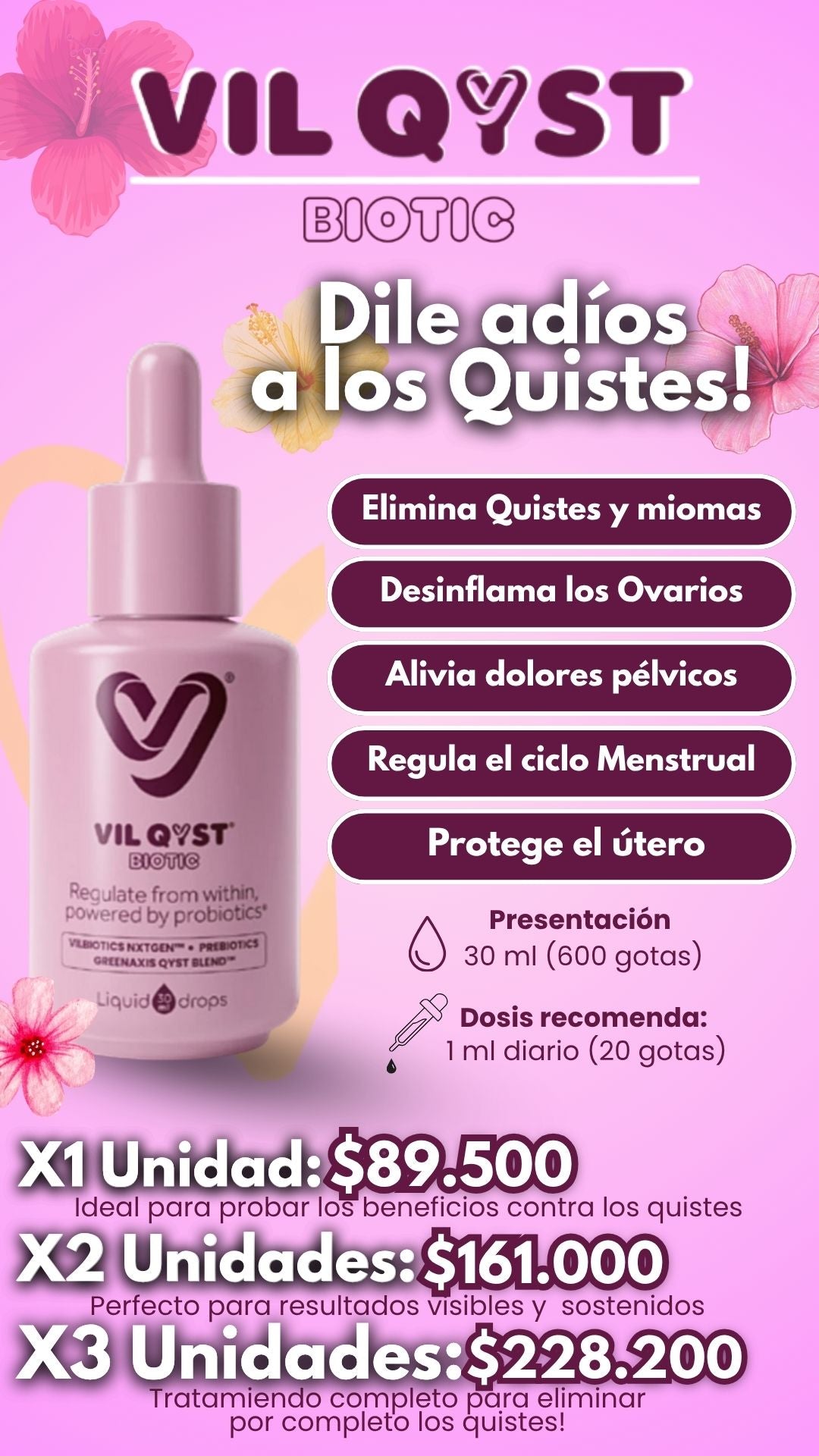VIL QYST ORIGINAL X600 GOTAS - DILE ADIÓS A LOS QUISTES, INFLAMACIONES y DESCONTROL HORMONAL + ENVÍO GRATIS! 🎁