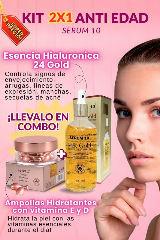 KIT 2X1 ANTIEDAD SERUM 10 + ESENCIA HIALURONICA 24K GOLD + AMPOLLAS HIDRATANTES CON VITAMINA E Y D + ENVÍO GRATIS Y PAGAS AL RECIBIR!🎁