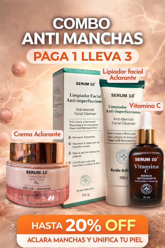 KIT 3X1 ANTI MANCHAS SERUM 10 + CREMA ANTI MANCHAS + LIMPIADOR FACIAL ACLARANTE+ VITAMINA C + ENVÍO GRATIS Y PAGAS AL RECIBIR!🎁