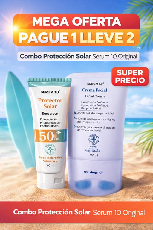 KIT DE PROTECCIÓN SOLAR SERUM 10 ORIGINAL + PROTECTOR SOLAR 50% SPF + CREMA HIDRATANTE CON MASAJEADOR + ENVÍO GRATIS + PAGAS AL RECIBIR!🎁