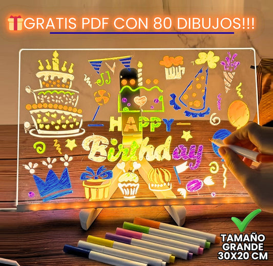 TABLERO LED 3D NEÓN 2025 TAMAÑO GRANDE 30X20CM + 7 MARCADORES BORRABLES + OBSEQUIO PDF 80 DIBUJOS👦👧 + EN